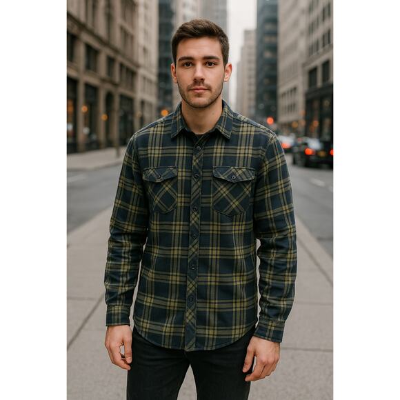 Burnside Plaid Flannel Shirt Mens Size XL Pockets Button Up Navy Olive Grunge - Picture 1 of 9